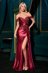 itted gown features an off-the-shoulder sweetheart neckline and a ruched satin bodice that flows into a dramatic leg slit