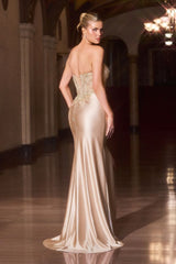 fitted gown features a strapless sweetheart neckline and a sheer corset bodice adorned with lavish beaded embroidery