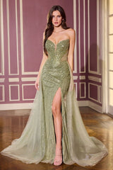 fitted embellished gown with overskirt