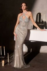 fitted gown features a striking halter neckline with an embellished crossover design