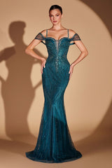 Woman wearing a teal evening gown against a beige background