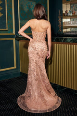 strapless fitted gown, featuring a flattering V-neckline and a striking linear beaded motif