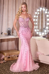 fitted mermaid gown radiates glamour with its crystal-adorned bodice and sculpting sheer corset