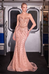 fitted mermaid gown radiates glamour with its crystal-adorned bodice and sculpting sheer corset.