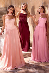 A-line chiffon gown showcases a sculpted corset bodice with a softly curved neckline and elegant seam detailing