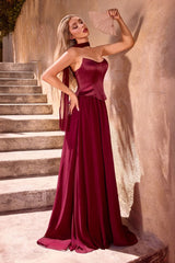 A-line chiffon gown showcases a sculpted corset bodice with a softly curved neckline and elegant seam detailing.