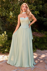 A-line chiffon gown showcases a sculpted corset bodice with a softly curved neckline and elegant seam detailing