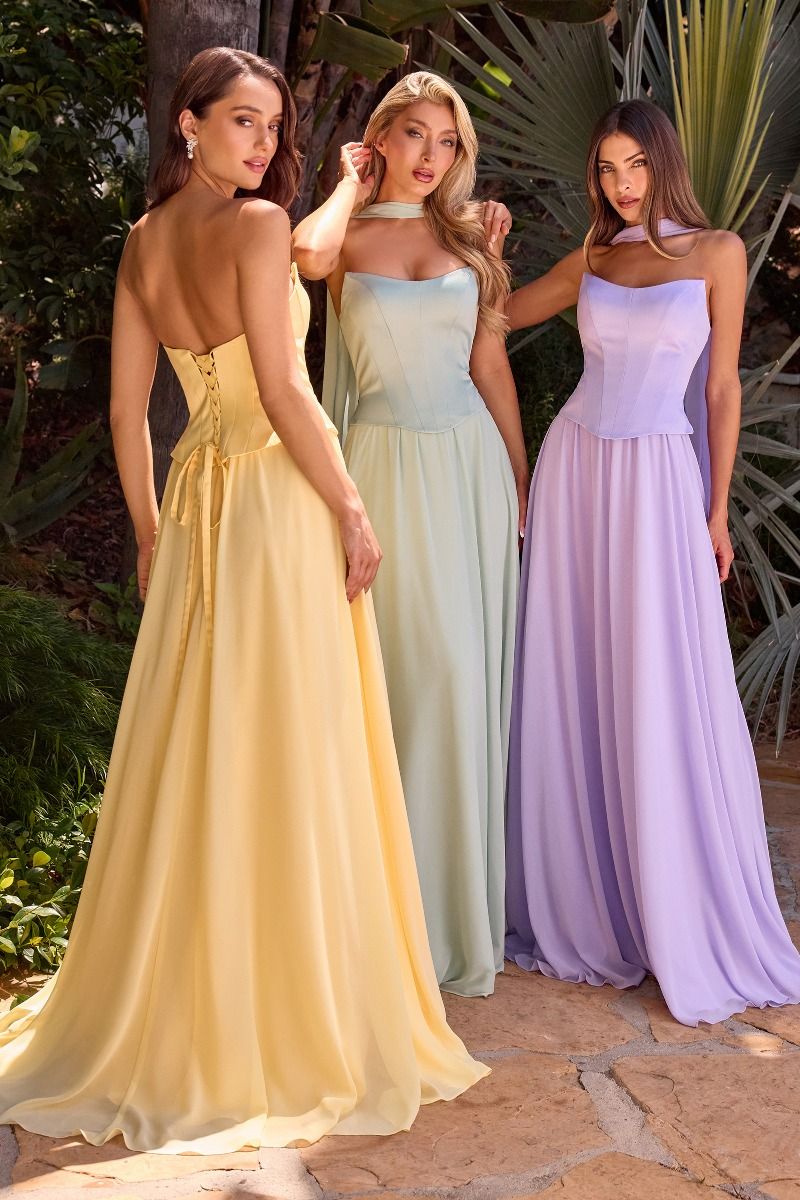 A-line chiffon gown showcases a sculpted corset bodice with a softly curved neckline and elegant seam detailing