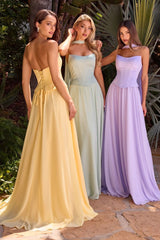 A-line chiffon gown showcases a sculpted corset bodice with a softly curved neckline and elegant seam detailing