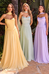 A-line chiffon gown showcases a sculpted corset bodice with a softly curved neckline and elegant seam detailing