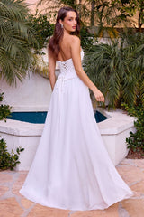 A-line chiffon gown showcases a sculpted corset bodice with a softly curved neckline and elegant seam detailing