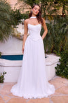 A-line chiffon gown showcases a sculpted corset bodice with a softly curved neckline and elegant seam detailing