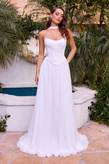 A-line chiffon gown showcases a sculpted corset bodice with a softly curved neckline and elegant seam detailing