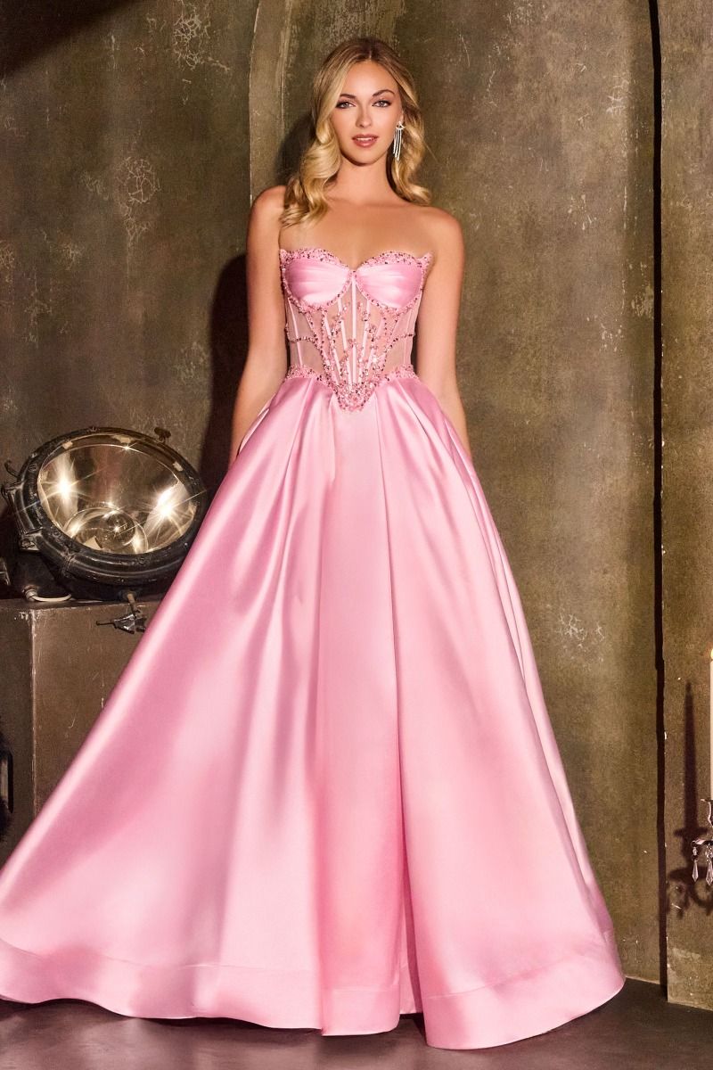 strapless sweetheart bodice features pleated cups, corset-style boning, and intricate beaded embellishments over sheer illusion mesh