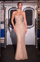 Woman in a sparkly gold dress standing on a subway train.