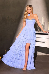 chiffon gown featuring a strapless sweetheart neckline adorned with sparkling crystal embellishments