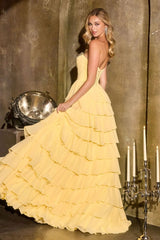 chiffon gown featuring a strapless sweetheart neckline adorned with sparkling crystal embellishments