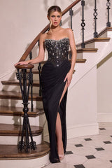 fitted gown featuring a strapless sheer corset bodice and shimmering beaded embellishments