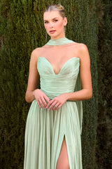 gown features a sweetheart strapless neckline and soft pleated detailing