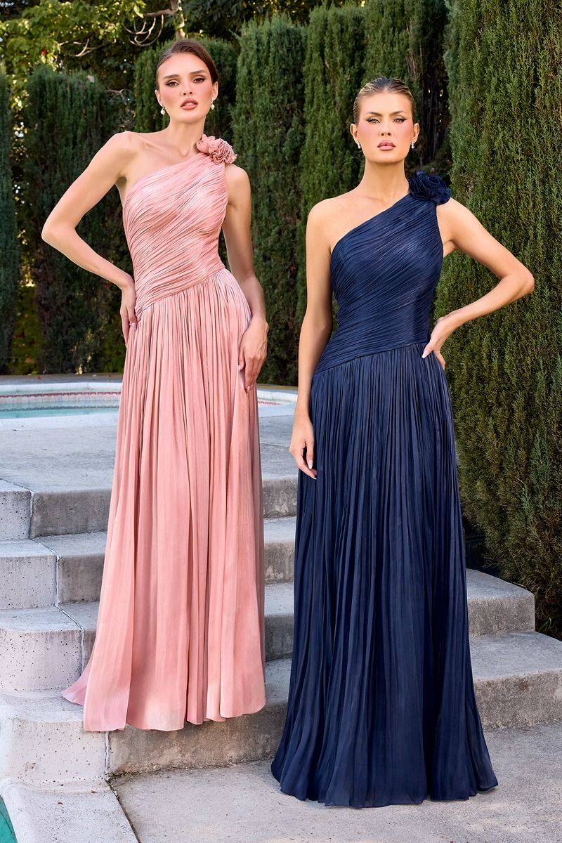 Two women in one-shoulder evening gowns standing on steps with greenery in the background.