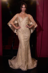 A model wearing a champagne beige evening gown with intricate beadwork, a sweetheart neckline, and sheer flutter sleeves with floral embroidery, set against a dark stage background with red curtains.