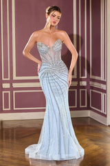 ully beaded design and illusion corset bodice. Featuring a plunging sweetheart neckline and swirling linear embellishments 