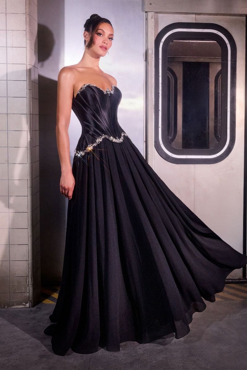  sculpted satin corset bodice, it features delicate crystal embellishments that trace along the neckline and waist 