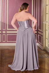sculpted satin corset bodice, it features delicate crystal embellishments that trace along the neckline and waist