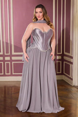 sculpted satin corset bodice, it features delicate crystal embellishments that trace along the neckline and waist