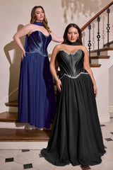 sculpted satin corset bodice, it features delicate crystal embellishments that trace along the neckline and waist