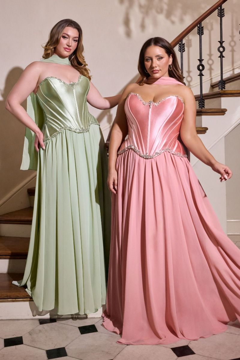 sculpted satin corset bodice, it features delicate crystal embellishments that trace along the neckline and waist