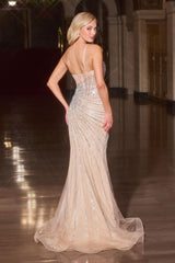 fitted gown captivates with its one-shoulder neckline and intricate beadwork