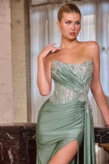 fitted gown captivates with its asymmetrical strapless neckline and hand-beaded embellishments