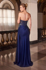 fitted gown captivates with its asymmetrical strapless neckline and hand-beaded embellishments