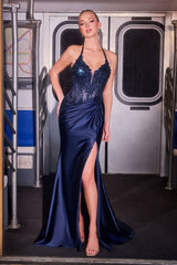 fitted halter gown featuring a plunging neckline adorned with intricate beadwork and sequin detailing
