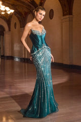 Model wearing a strapless fitted gown with structured corset bodice, ornate beaded detailing, and floor-length mermaid skirt