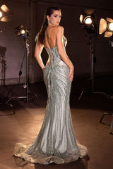 Model wearing a strapless fitted gown with structured corset bodice, ornate beaded detailing, and floor-length mermaid skirt