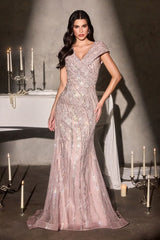 fitted gown features a romantic V-neckline with pleated, beading that trails in soft, linear patterns,