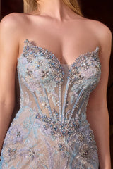 fitted evening gown, designed with a strapless sweetheart neckline and a sheer corset bodice adorned with dazzling floral beadwork