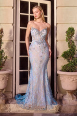 fitted evening gown, designed with a strapless sweetheart neckline and a sheer corset bodice adorned with dazzling floral beadwork