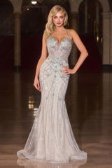 sparkling silver-nude gown with a plunging neckline, structured corset bodice, and intricate crystal detailing throughout