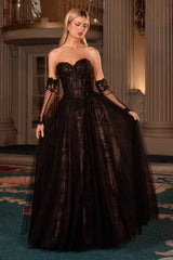 A-line gown features a strapless corset bodice adorned with intricate lace appliqué and shimmering hand beading