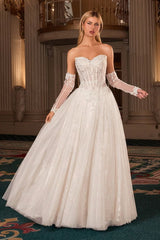 A-line gown features a strapless corset bodice adorned with intricate lace appliqué and shimmering hand beading