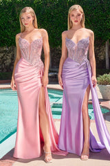 satin gown with a thigh-high slit and sweeping side drape