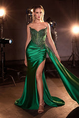 satin gown with a thigh-high slit and sweeping side drape