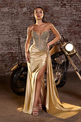 satin gown with a thigh-high slit and sweeping side drape