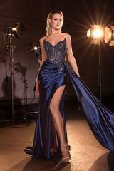 satin gown with a thigh-high slit and sweeping side drape.