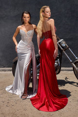 satin gown with a thigh-high slit and sweeping side drape