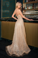  A-line gown features a strapless reverse sweetheart neckline and a sheer bodice adorned with crystal-beaded appliqué 