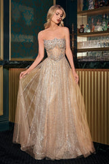 A-line gown features a strapless reverse sweetheart neckline and a sheer bodice adorned with crystal-beaded appliqué 
